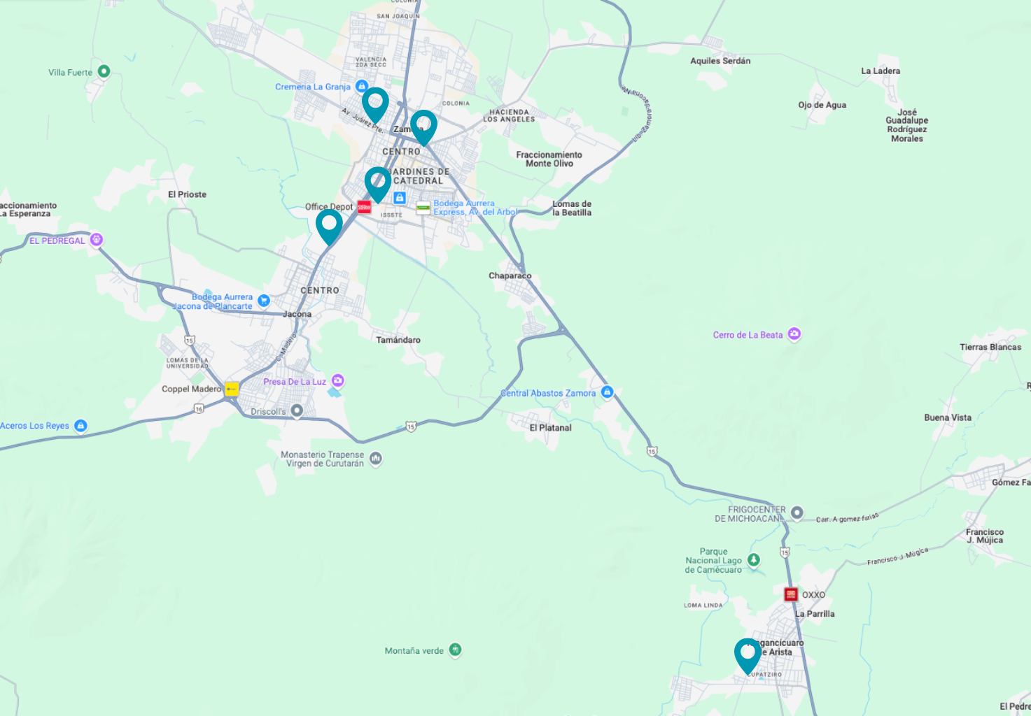 Mapa de las sucursales en la zona metropolitana de Zamora